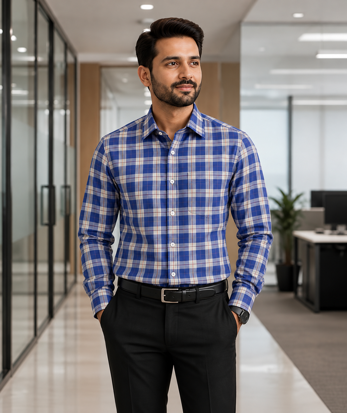 Samiran Powerlook Royal Blue & Cream Check Shirt – model standing with hands in pockets