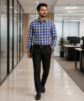 Samiran Powerlook Royal Blue & Cream Check Shirt – model walking in an office corridor