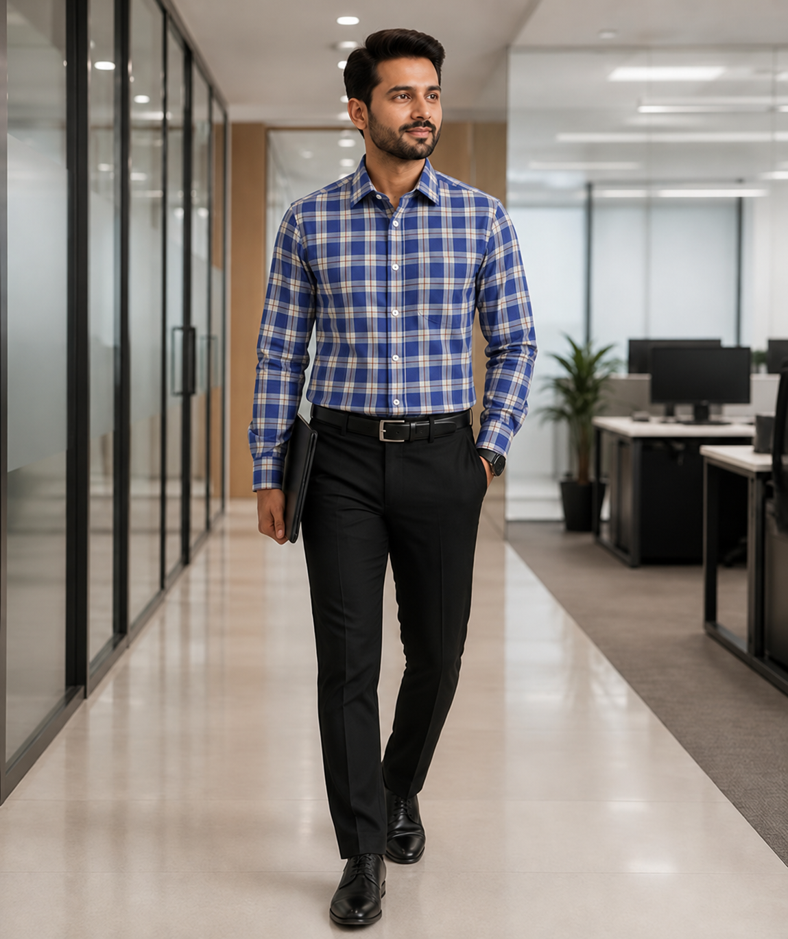 Samiran Powerlook Royal Blue & Cream Check Shirt – model walking in an office corridor
