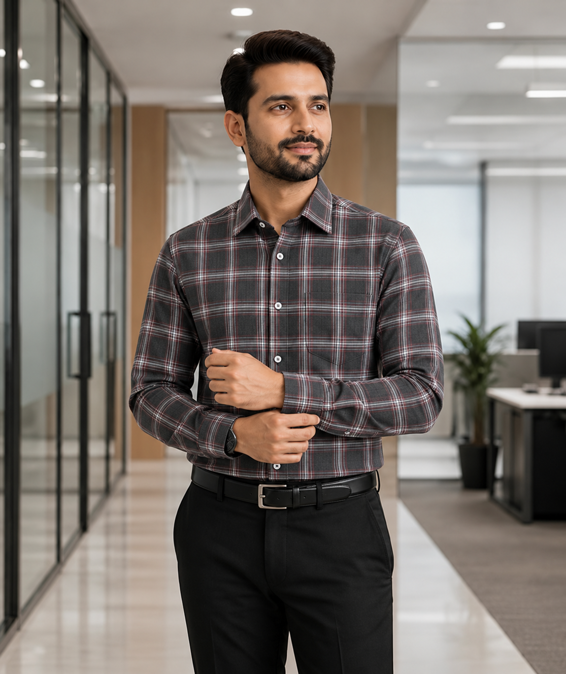Samiran Powerlook Charcoal & Maroon Check Shirt – model adjusting his cuff