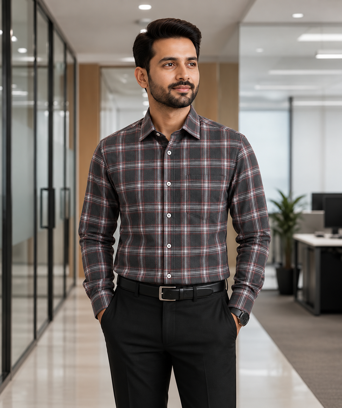 Samiran Powerlook Charcoal & Maroon Check Shirt – model standing with hands in pockets