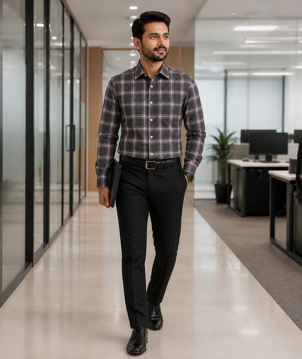 Samiran Powerlook Charcoal & Maroon Check Shirt – model walking in an office corridor