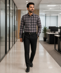 Samiran Powerlook Charcoal & Maroon Check Shirt – model walking in an office corridor