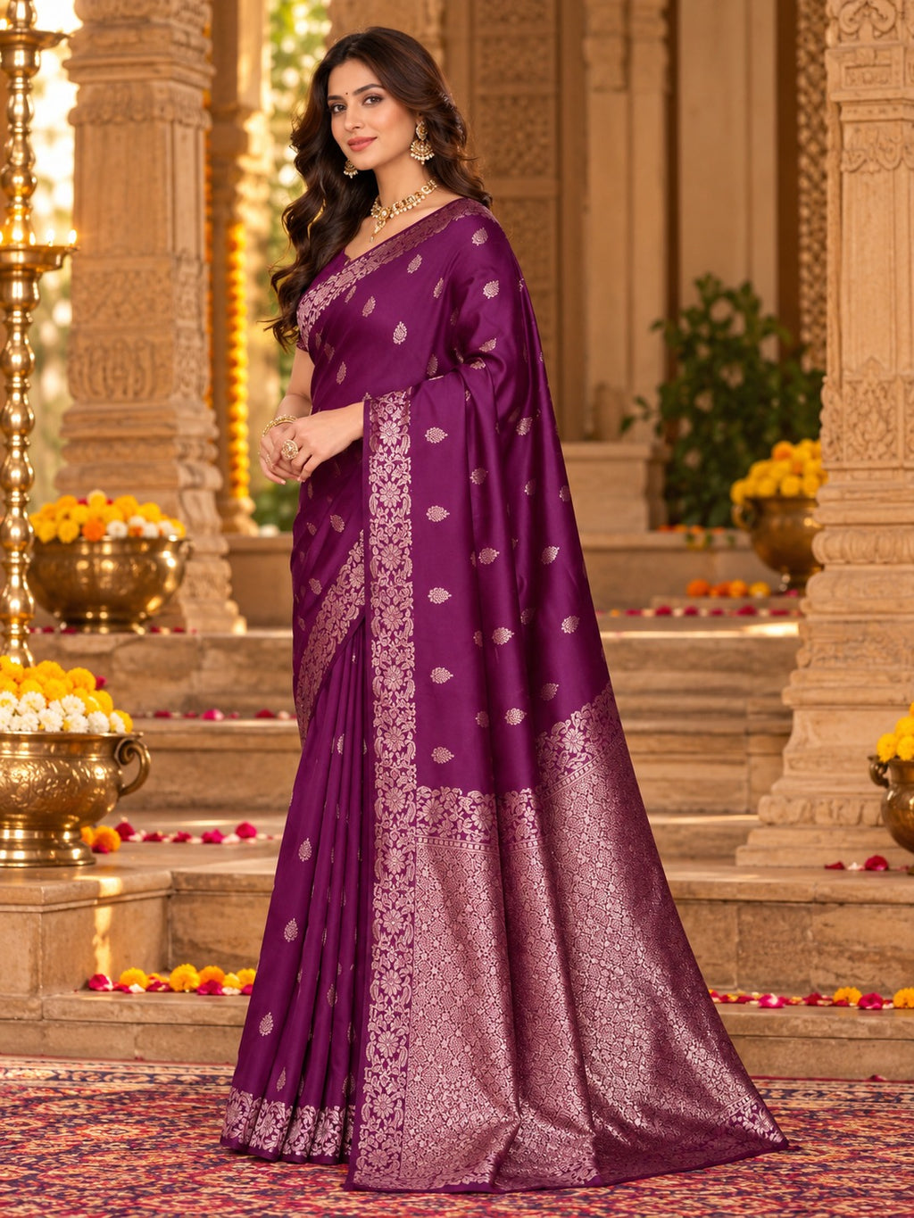 Jamuni Wine Banarasi Saree – view 1