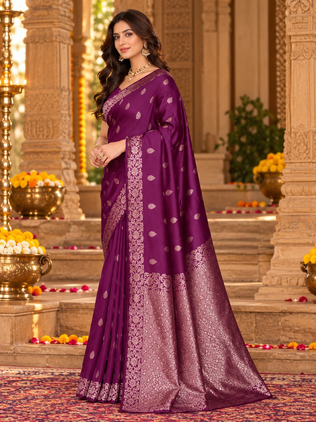 Jamuni Wine Banarasi Saree – view 1