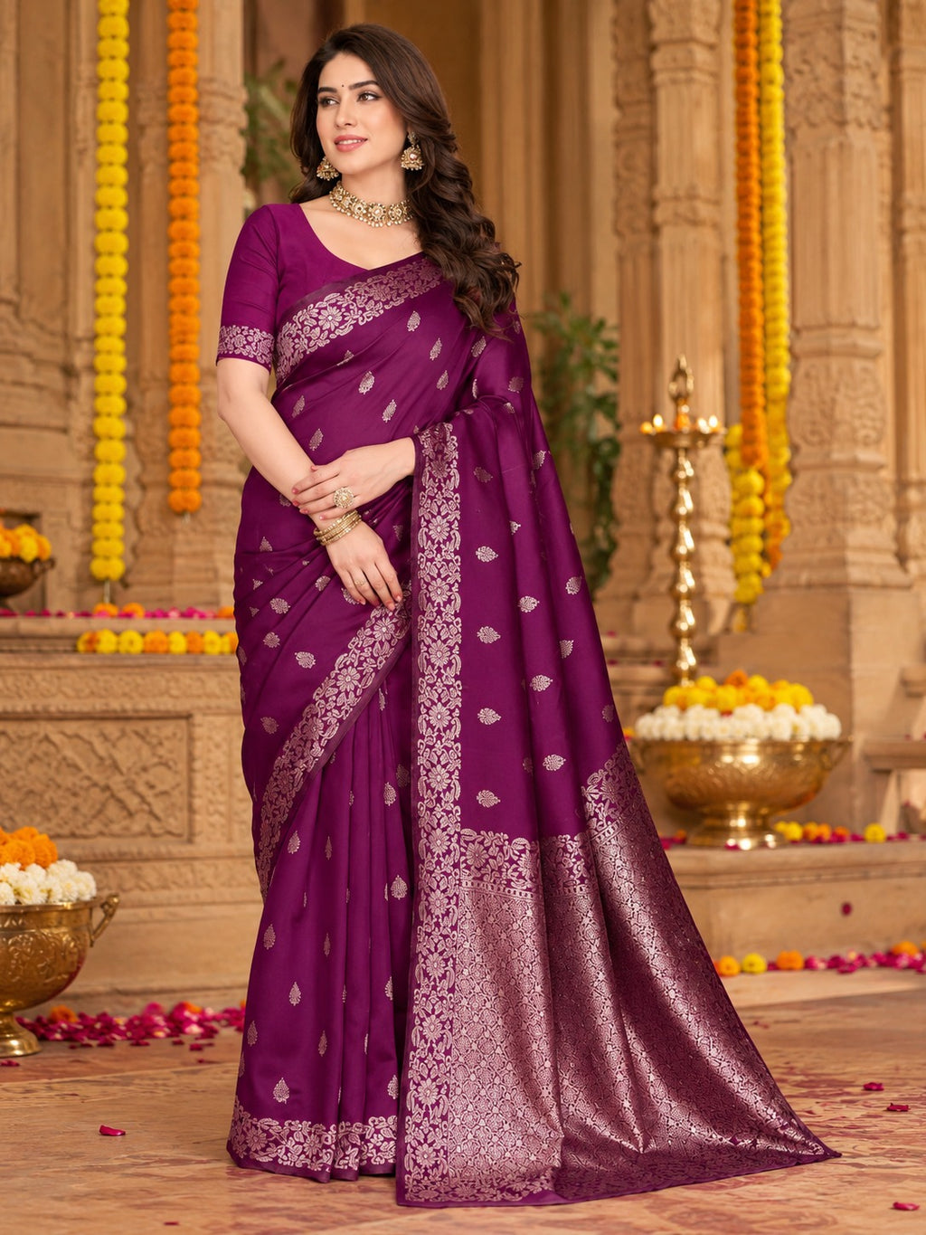 Jamuni Wine Banarasi Saree – view 2