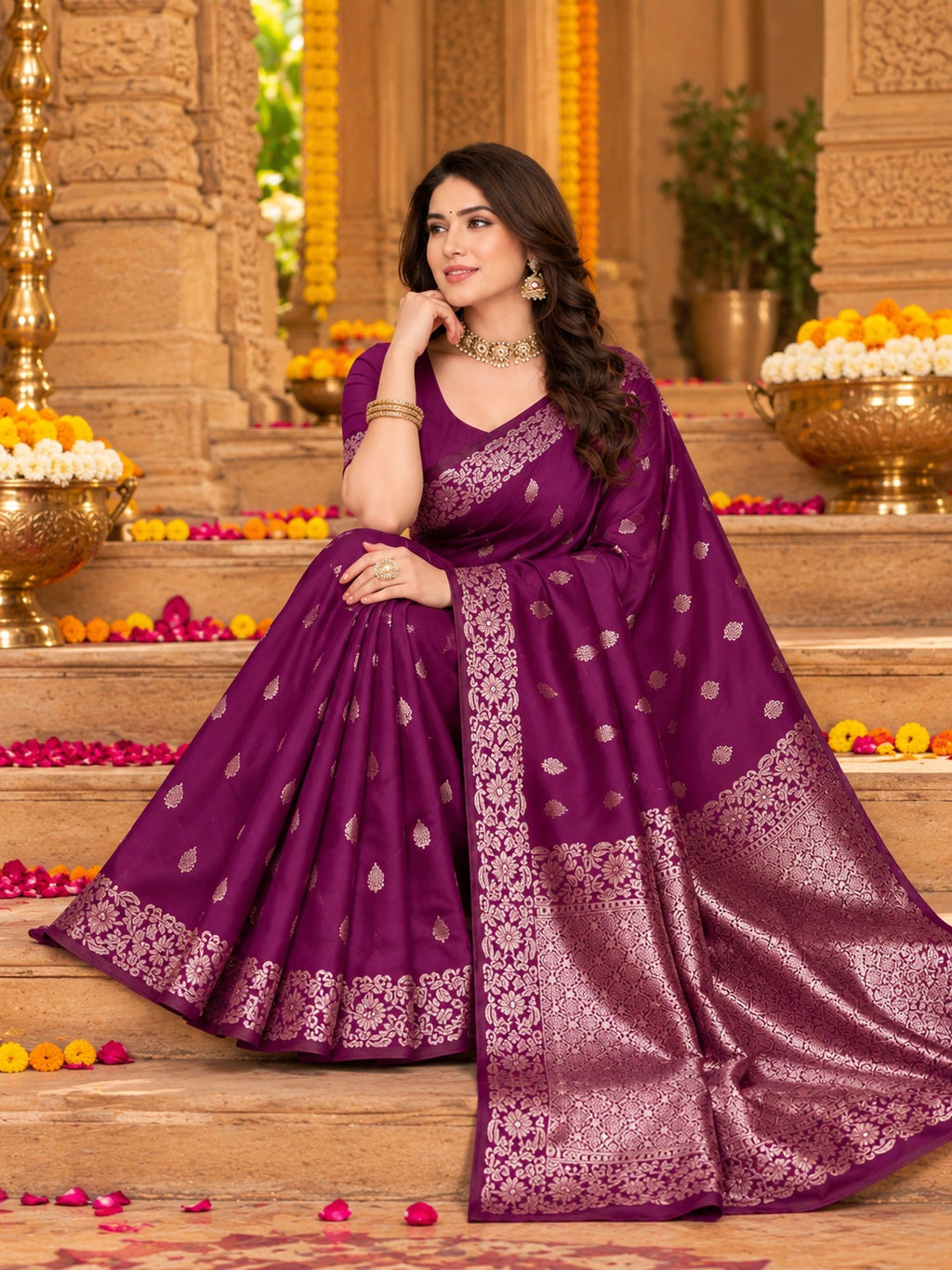Jamuni Wine Banarasi Saree – view 3