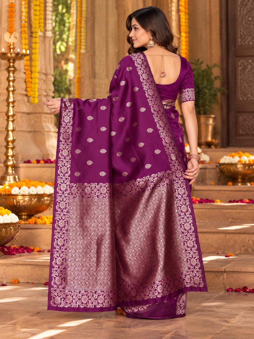 Jamuni Wine Banarasi Saree – view 4