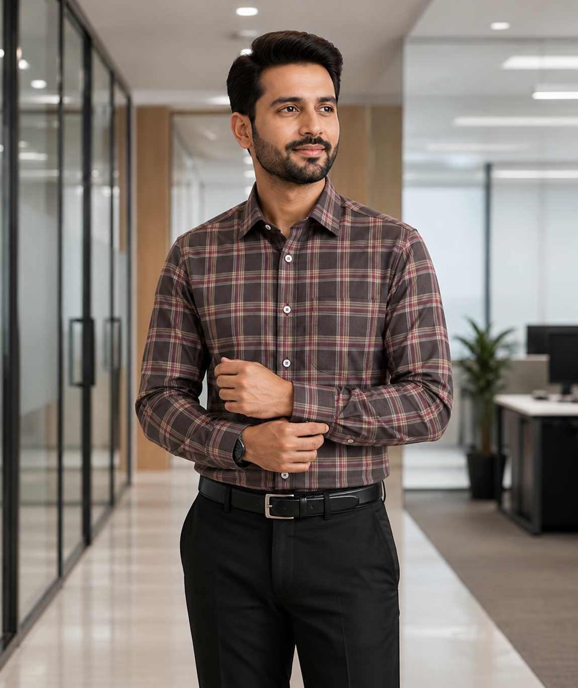 Samiran Powerlook Brown & Plum Check Shirt – model adjusting his cuff