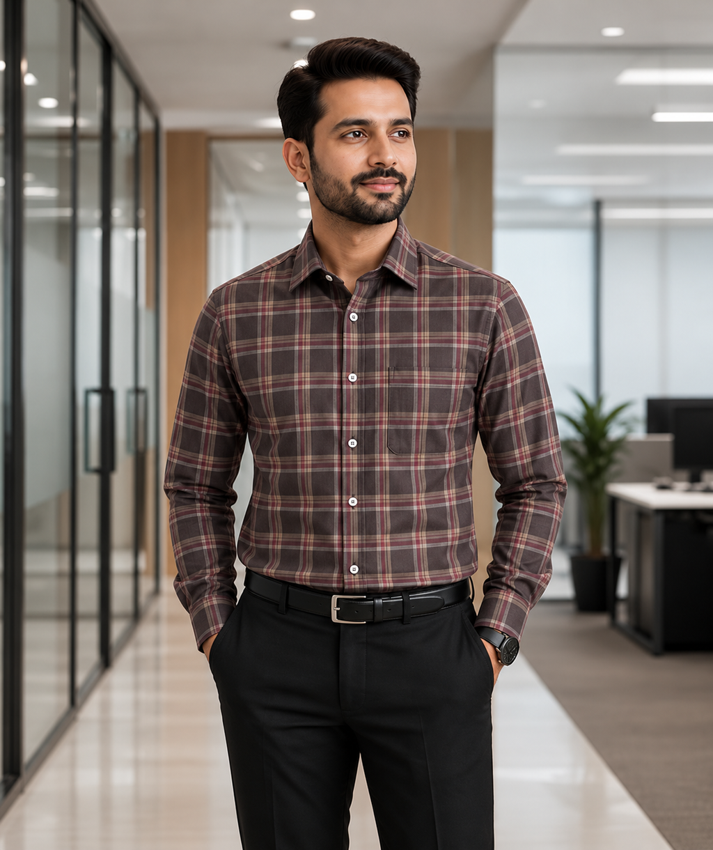 Samiran Powerlook Brown & Plum Check Shirt – model standing with hands in pockets