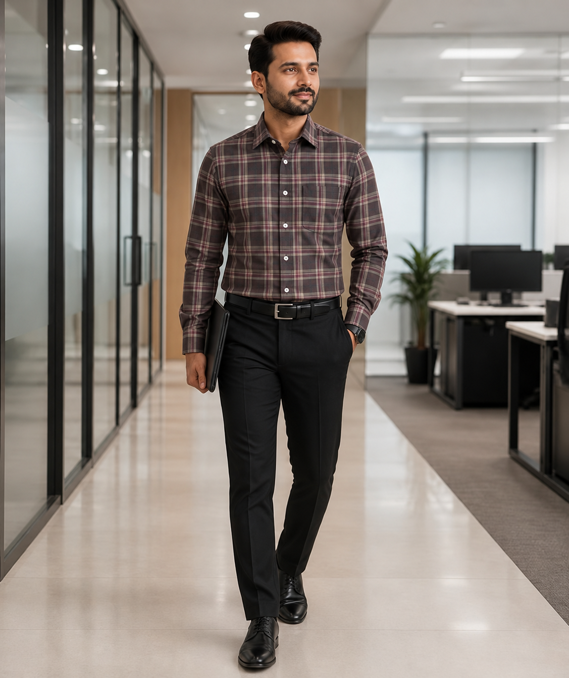 Samiran Powerlook Brown & Plum Check Shirt – model walking in an office corridor