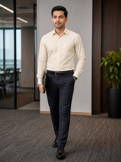 Samiran Butter Cream Shirt – model walking in an office