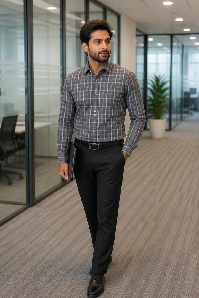 Samiran Charcoal & White Check Shirt – model walking in an office