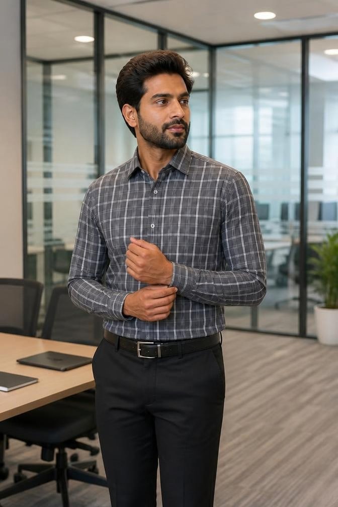 Samiran Charcoal & White Check Shirt – model adjusting his cuff