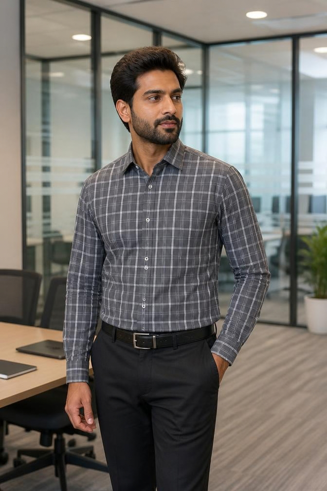 Samiran Charcoal & White Check Shirt – model standing