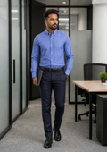 Samiran Cornflower Blue Check Shirt – model walking in an office