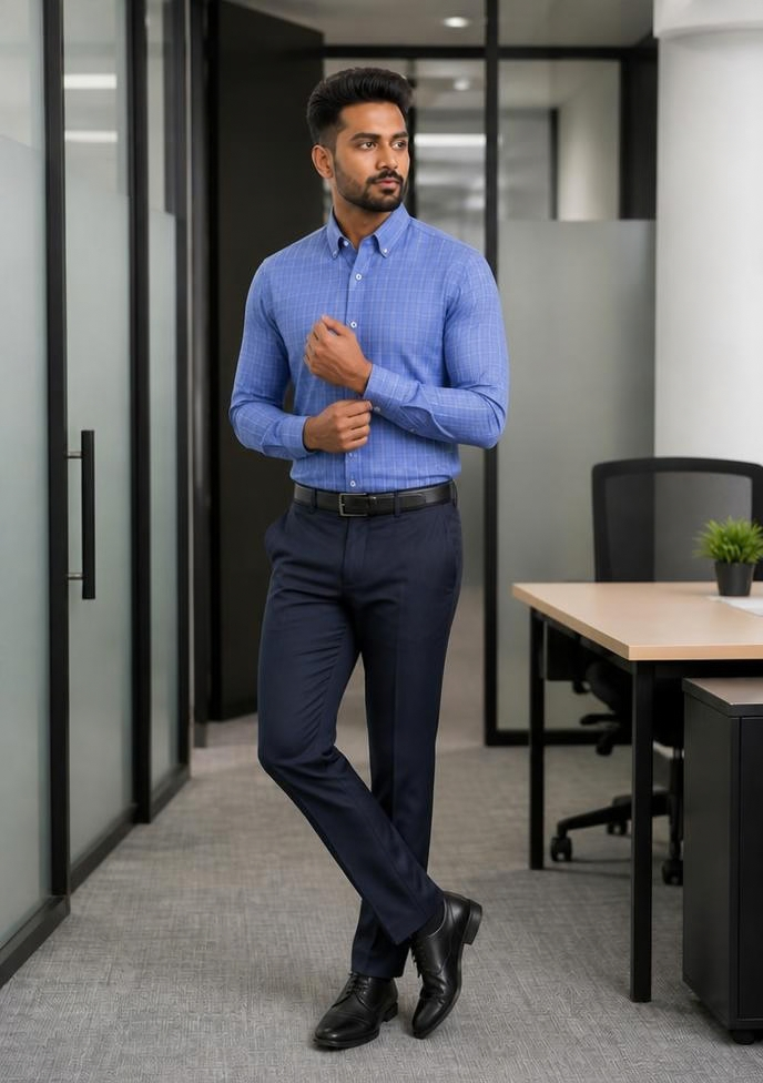 Samiran Cornflower Blue Check Shirt – model adjusting his cuff