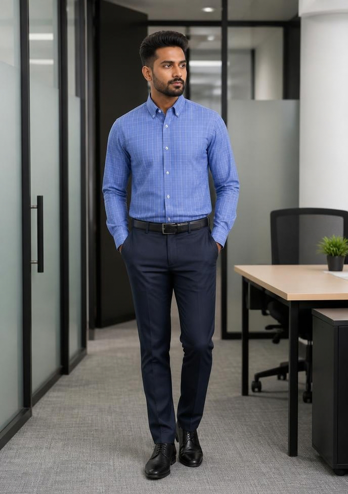 Samiran Cornflower Blue Check Shirt – model standing