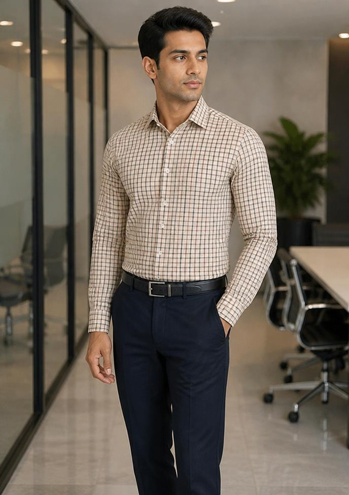 Samiran Cream & Navy Check Shirt – model walking in an office