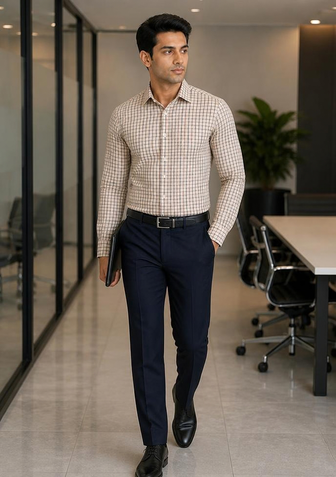 Samiran Cream & Navy Check Shirt – model standing