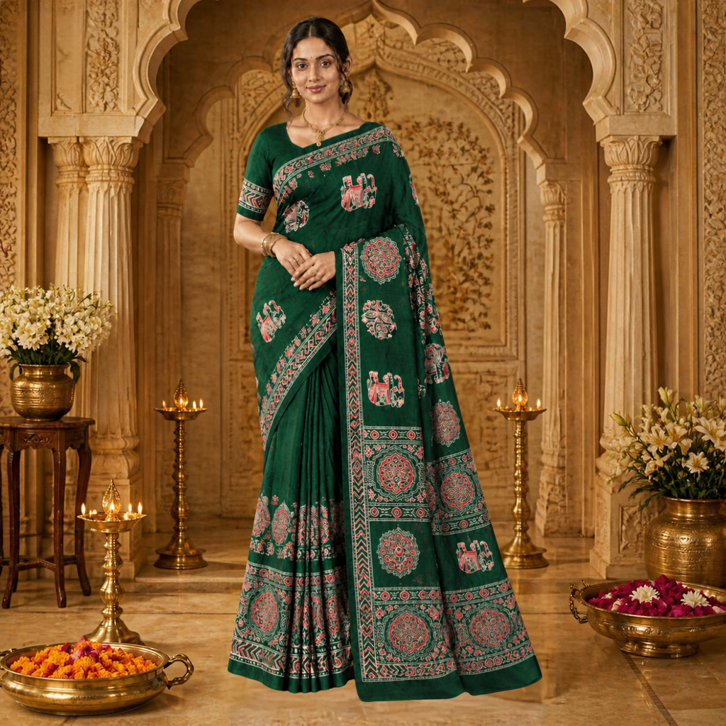 Gajraj Ajrakh Saree – Bottle Green – view 1