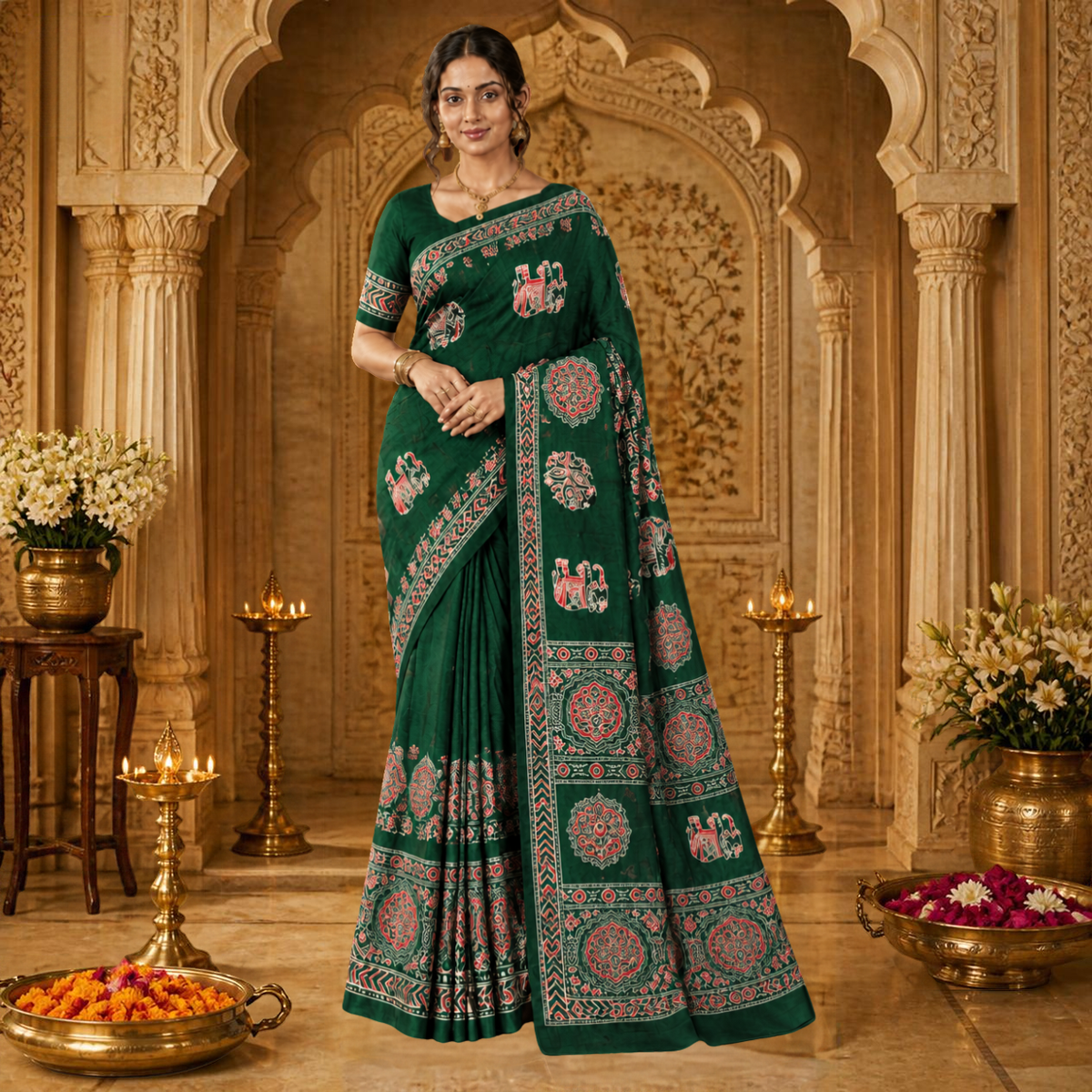 Gajraj Ajrakh Saree – Bottle Green – view 1