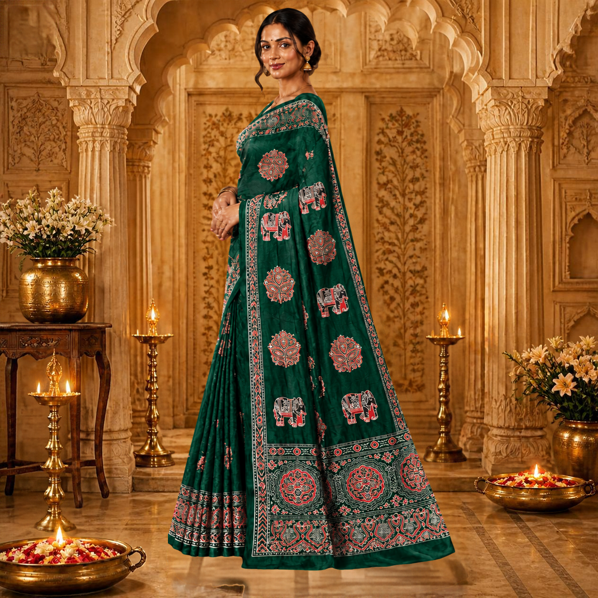 Gajraj Ajrakh Saree – Bottle Green – view 2