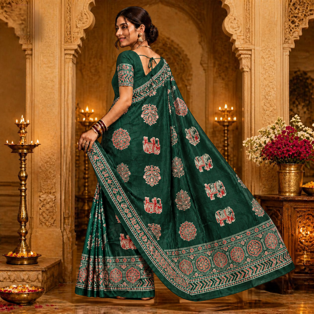 Gajraj Ajrakh Saree – Bottle Green – view 3