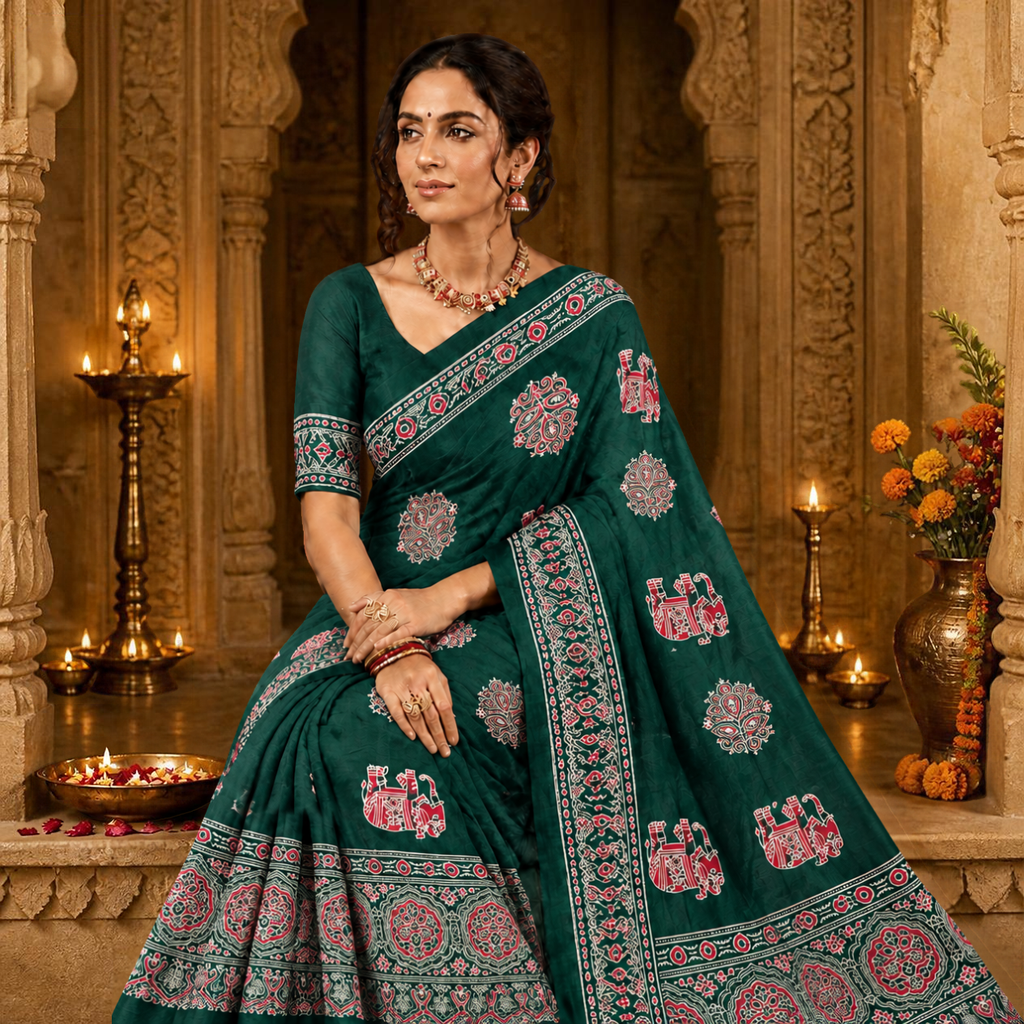 Gajraj Ajrakh Saree – Bottle Green – view 4