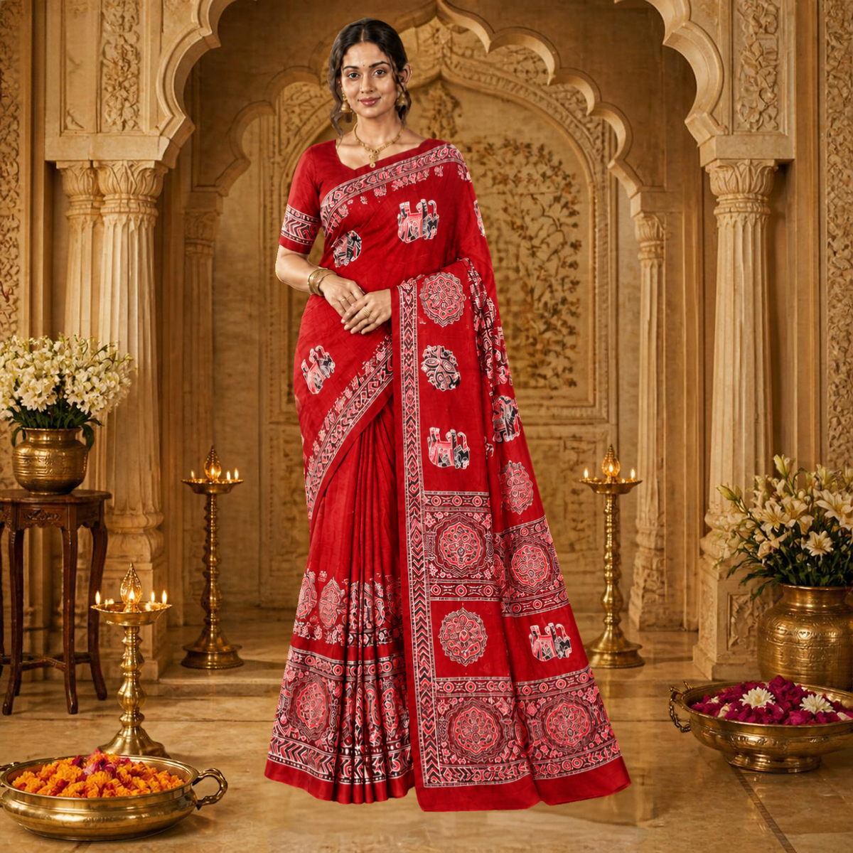Gajraj Ajrakh Saree – Red – view 1