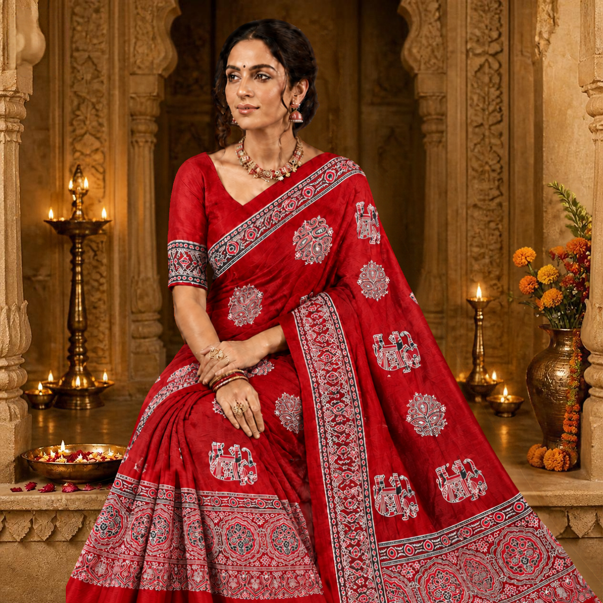 Gajraj Ajrakh Saree – Red – view 4