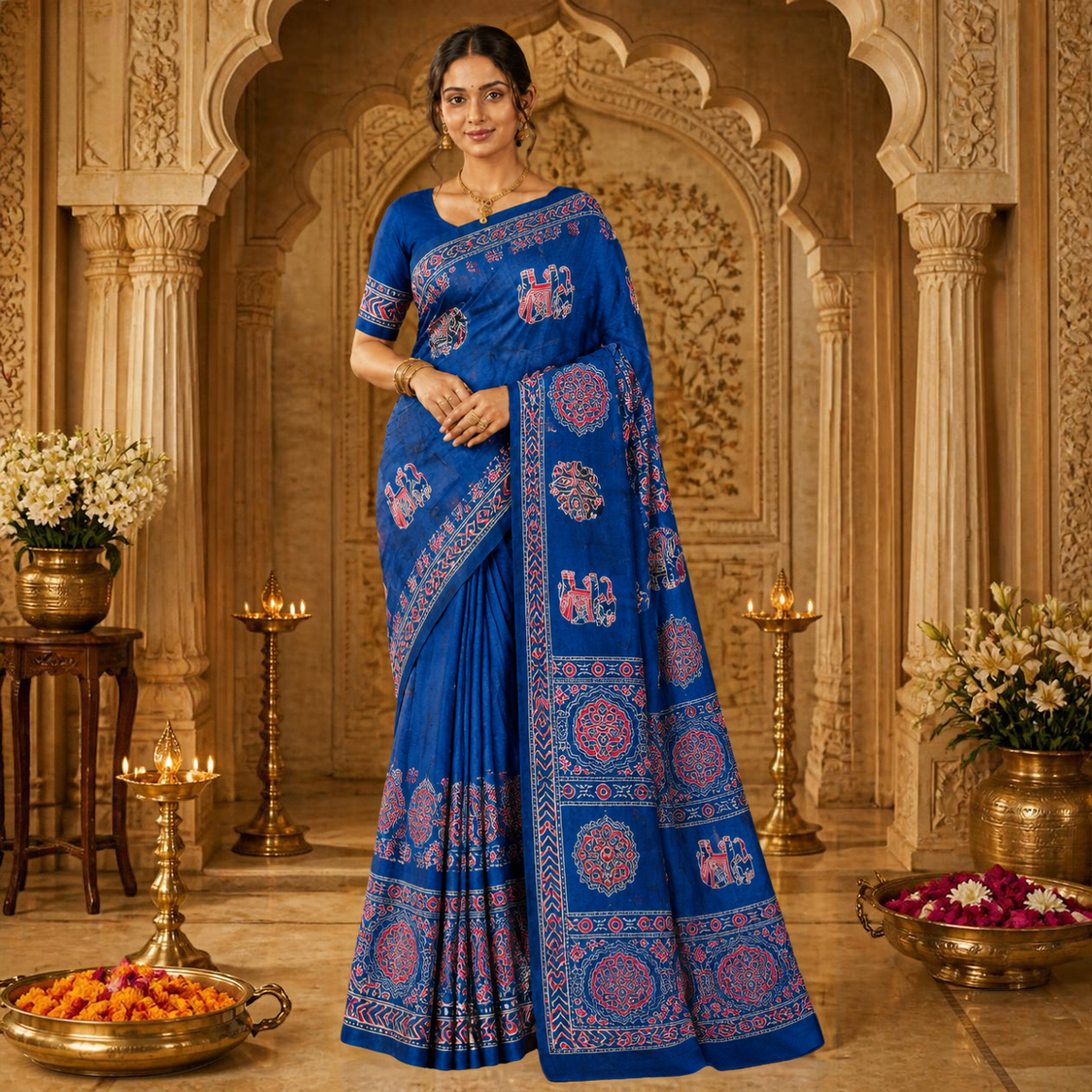 Gajraj Ajrakh Saree – Royal Blue – view 1