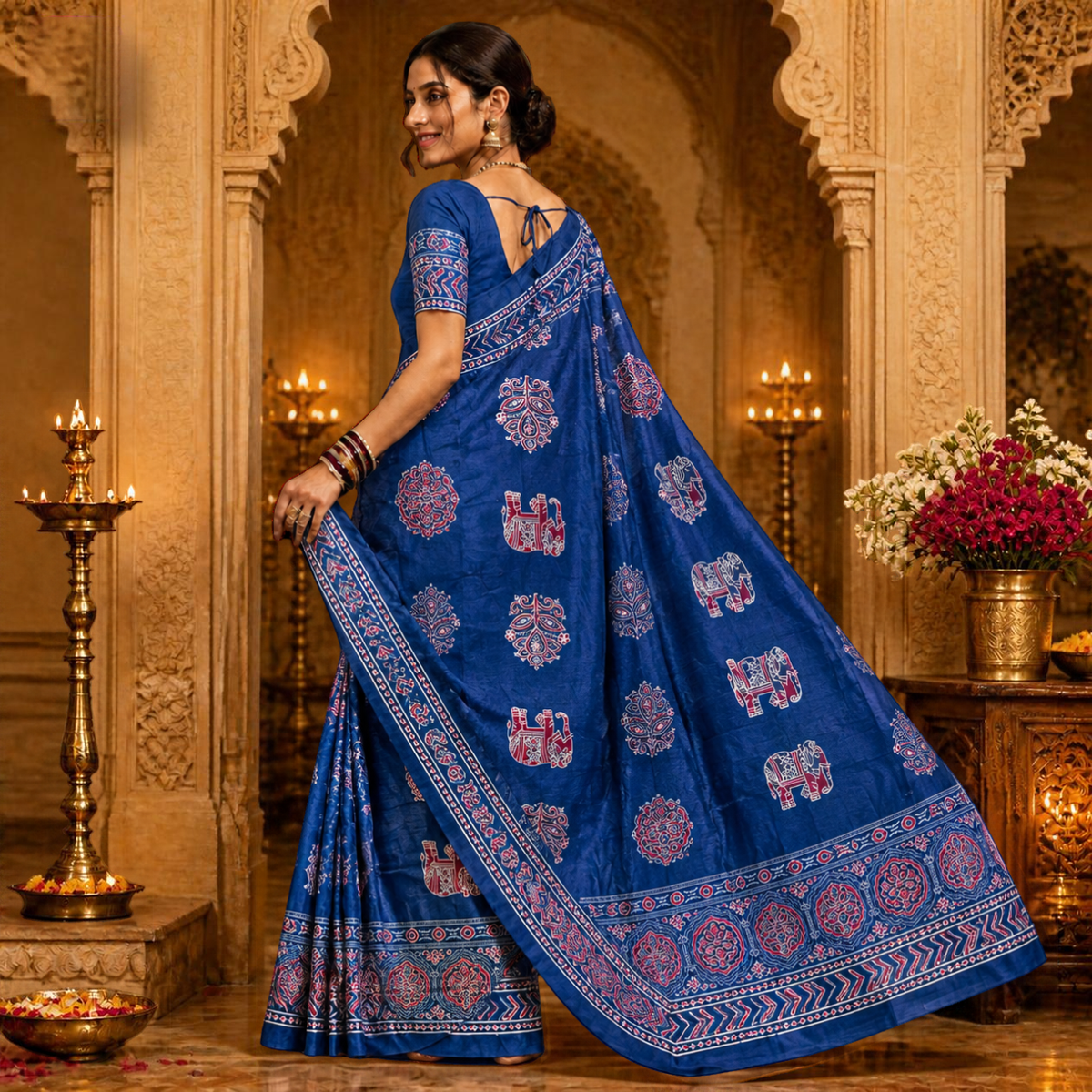 Gajraj Ajrakh Saree – Royal Blue – view 3