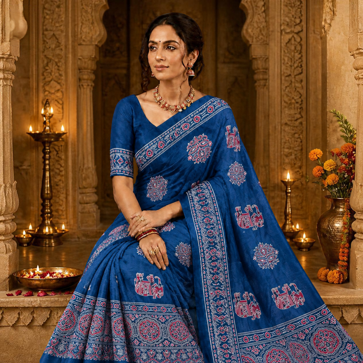 Gajraj Ajrakh Saree – Royal Blue – view 4