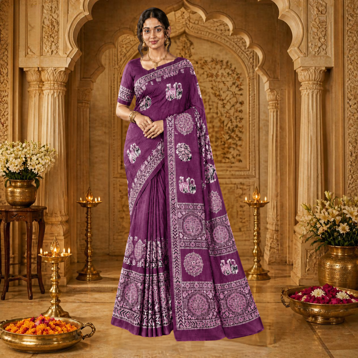 Gajraj Ajrakh Saree – Wine – view 1