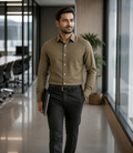 Samiran Khaki Olive Shirt – model walking in an office