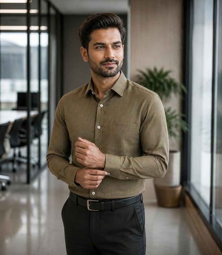Samiran Khaki Olive Shirt – model adjusting his cuff