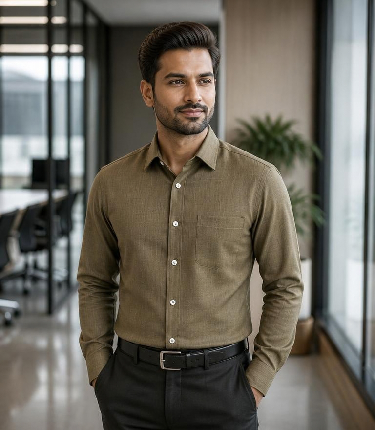 Samiran Khaki Olive Shirt – model standing