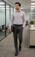 Samiran Lavender & Cream Check Shirt – model walking in an office