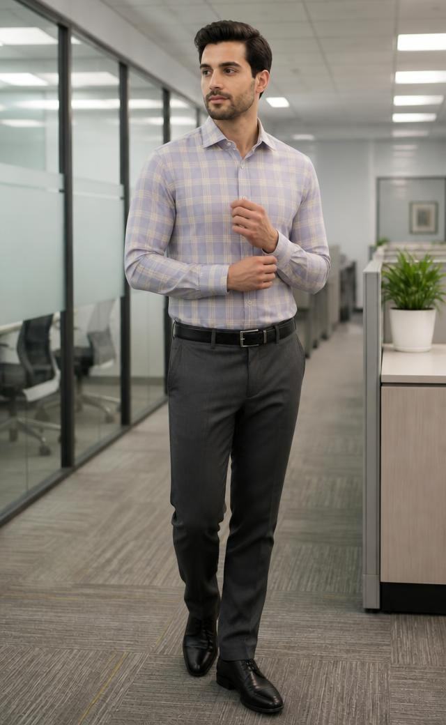 Samiran Lavender & Cream Check Shirt – model adjusting his cuff