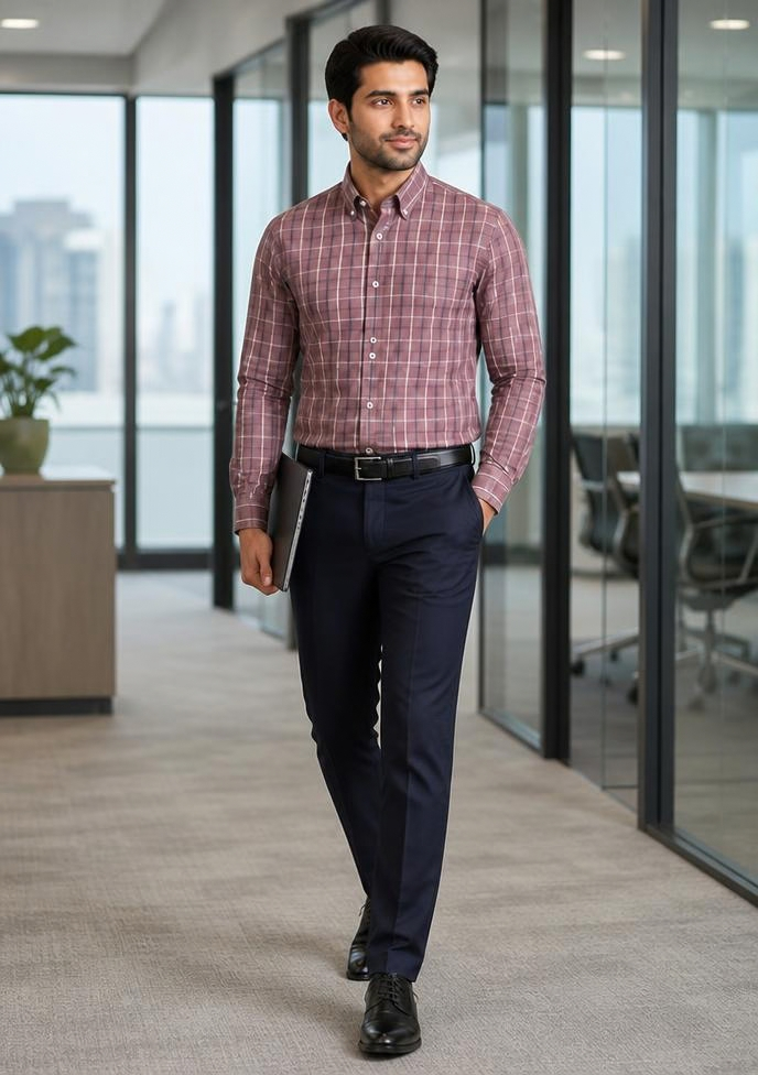 Samiran Mauve & Navy Check Shirt – model walking in an office