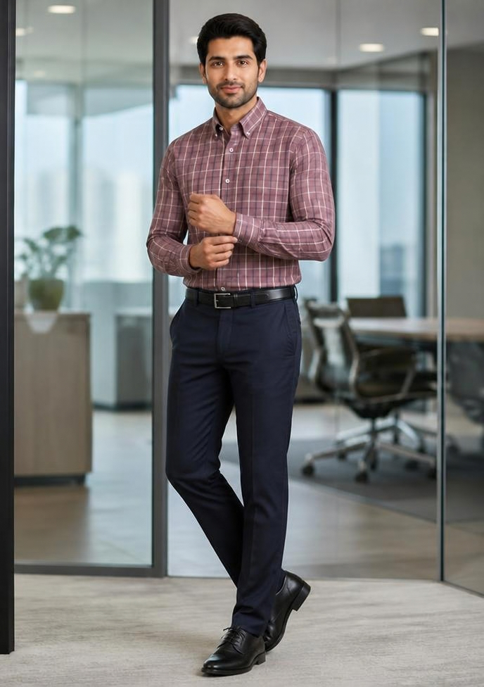 Samiran Mauve & Navy Check Shirt – model adjusting his cuff