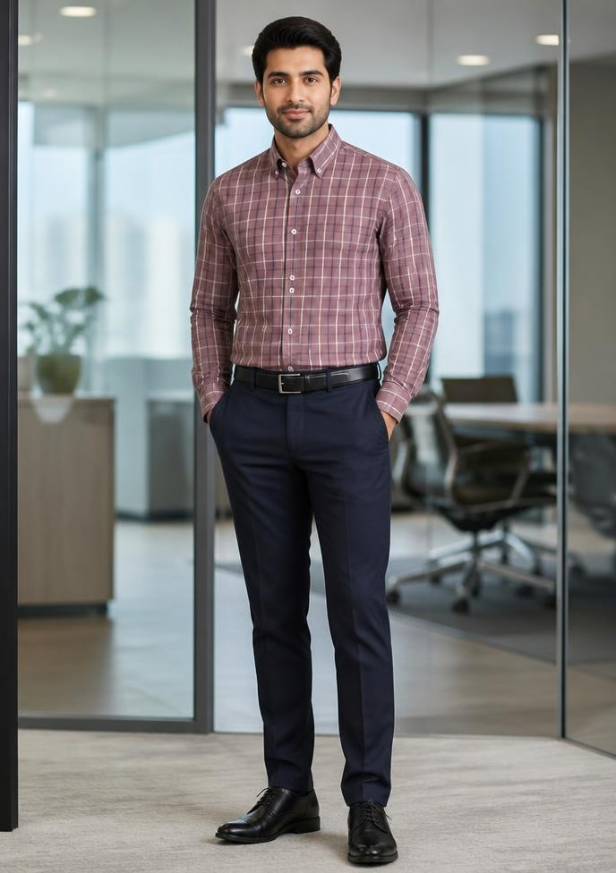 Samiran Mauve & Navy Check Shirt – model standing