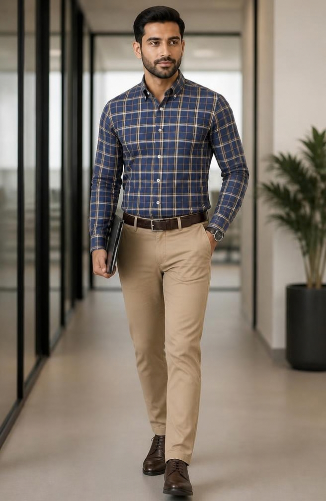 Samiran Navy & Mustard Check Shirt – model walking in an office
