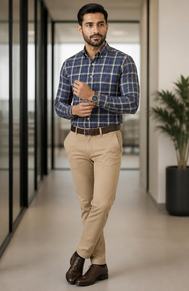 Samiran Navy & Mustard Check Shirt – model adjusting his cuff