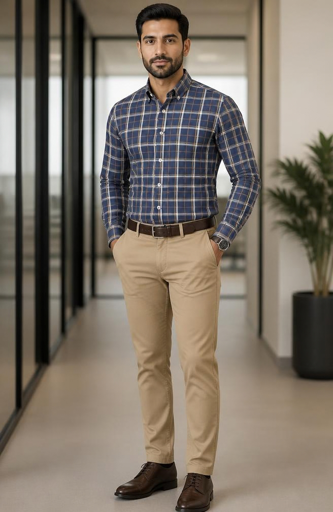 Samiran Navy & Mustard Check Shirt – model standing