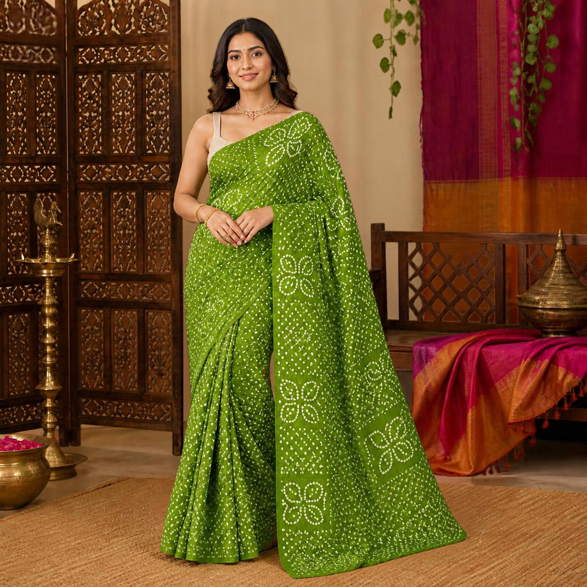 Patti Bandhani Saree – Moss Green – view 1