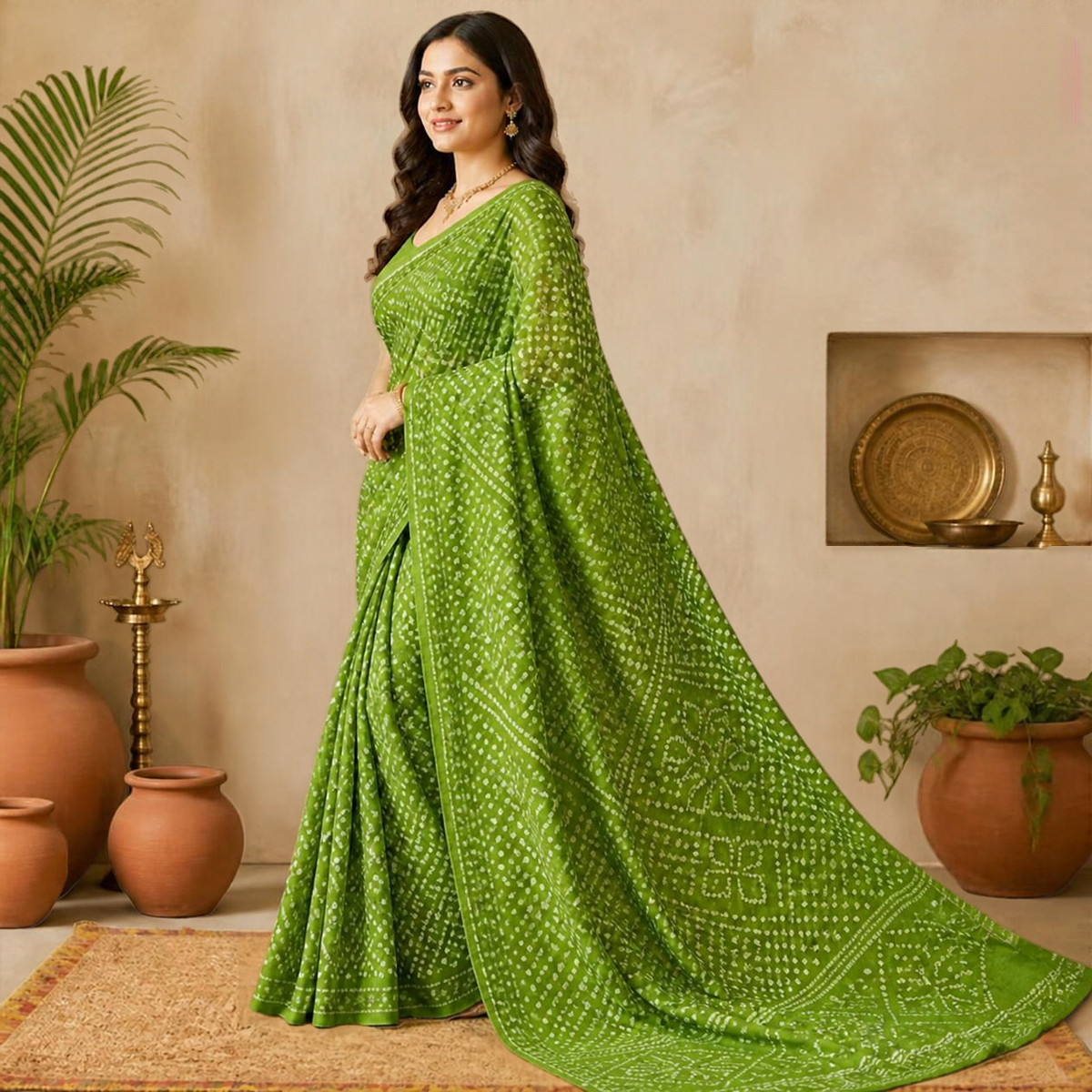 Patti Bandhani Saree – Moss Green – view 2