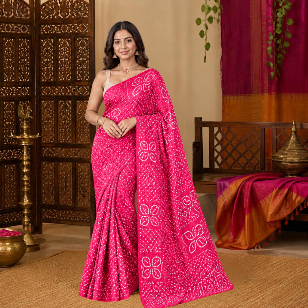 Patti Bandhani Saree – Rani Pink – view 1