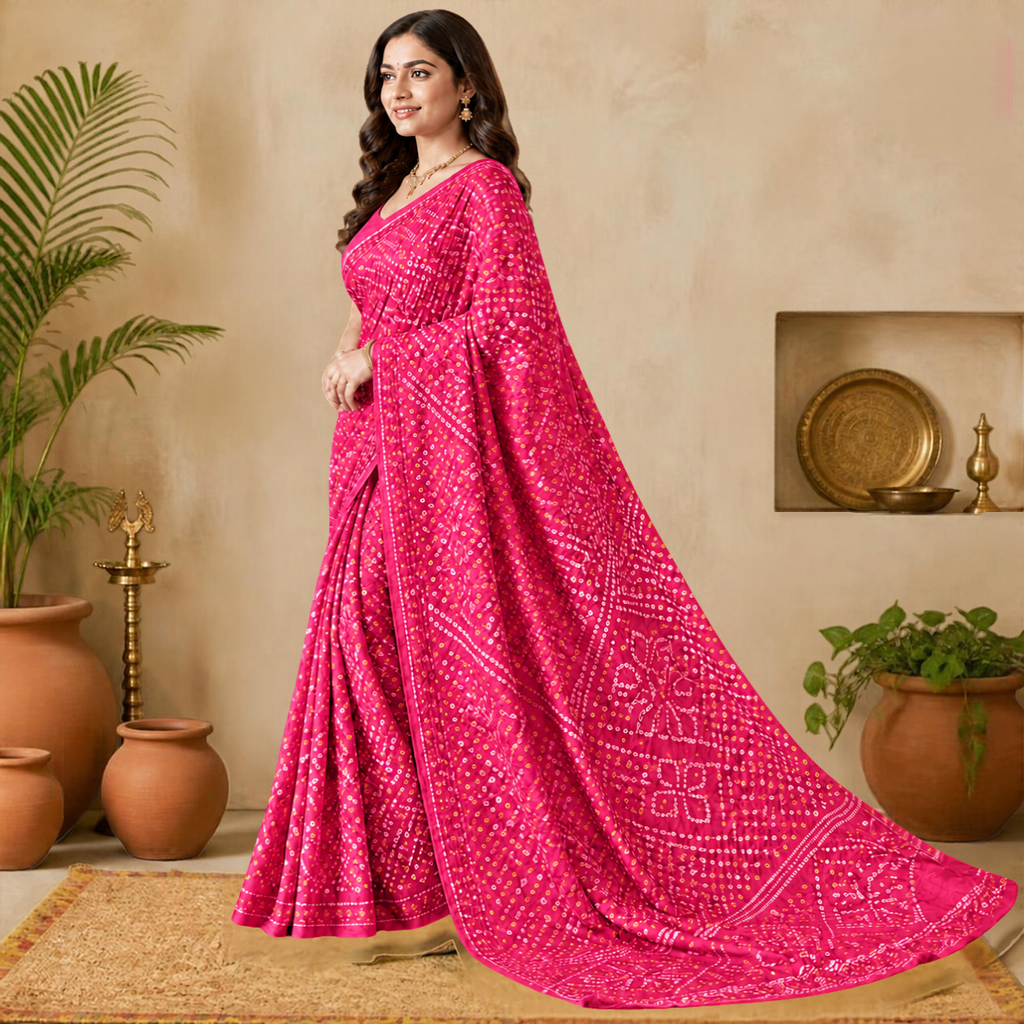 Patti Bandhani Saree – Rani Pink – view 2